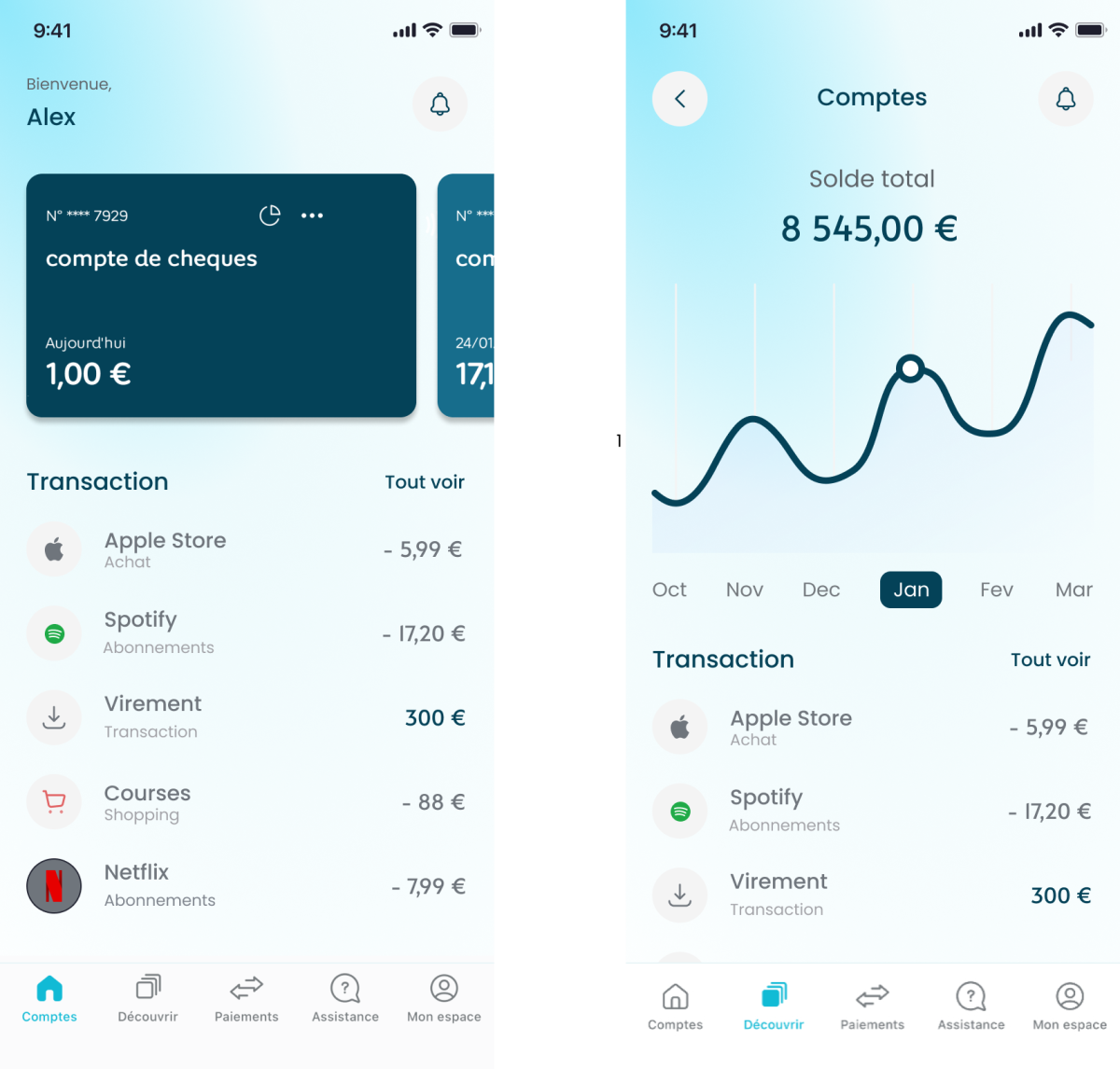 Homepage and account screens of banking app